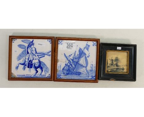 Three unusual Delft tiles Two blue &amp; white: Both larger (13cm) blue &amp; white tiles have old repairs or chips visible i