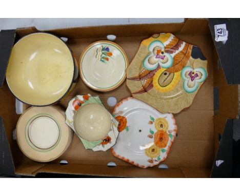 A collection of Hand Decorated pottery to include Clarice Cliff Saucers, Side Plates &amp; sugar bowl, Myott large bowl etc 