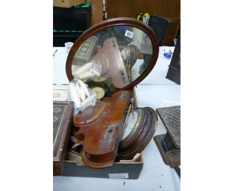 A mixed collection of items to include: distressed bedroom mirror, Salter postage scales, damaged barometer etc 