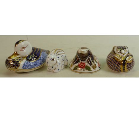 Royal Crown Derby paperweights x 4: Duck (ceramic stopper), baby rabbit, Mole (collectors Guild) and sleeping mouse, all with