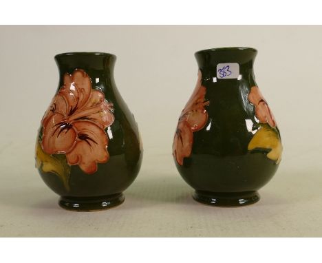 Moorcroft Hibiscus on Green Ground pair of vases: height of each 10cm(2) 