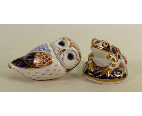 Two Royal Crown Derby paperweights Frog &amp; Owl: Frog without stopper, owl with original fixed ceramic stopper (2) 