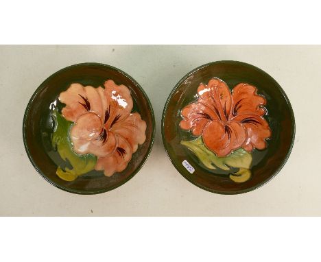 Moorcroft Hibiscus on Green Ground pair of small bowls: diameter of each 11.5cm(2) 