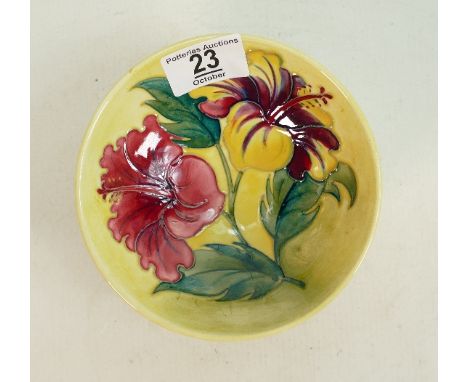 Moorcroft Hibiscus footed bowl: on yellow. 13.5cm diameter 