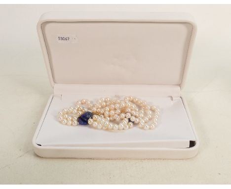 Cultured pearl necklace and earrings mounted in 14ct gold plus cultured pearl bracelet: Earrings and necklace clasp marked 14