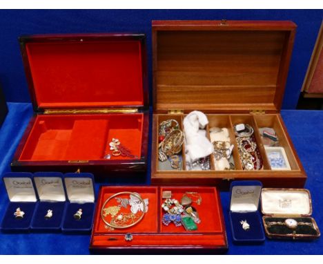 Job lot collection of costume jewellery and watches: Large jewellery box and a wooden display box containing 9ct gold BK &amp