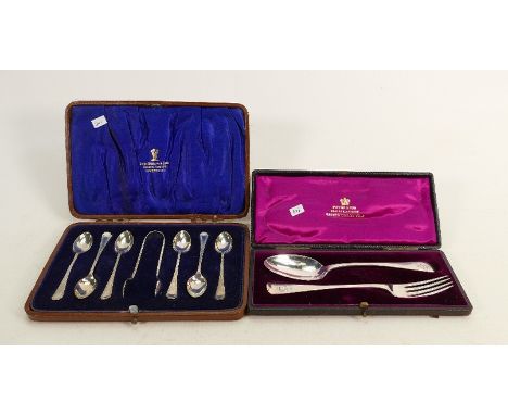 Cased silver 6 x coffee spoons &amp; tongs plus spoon &amp; fork: Gross weight 102 grams. 