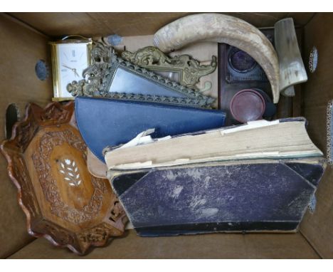 A mixed collection of items to include: Seiko Carriage Clock, Brass Picture frames, Oak Desk tidy etc 
