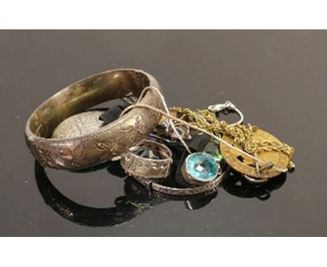 Group of silver &amp; other jewellery badges etc: Includes large hallmarked silver bangle, smaller bangle, silver large white