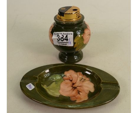 Moorcroft Hibiscus on Green Ground Ashtray &amp; Cigarette Lighter(2) 