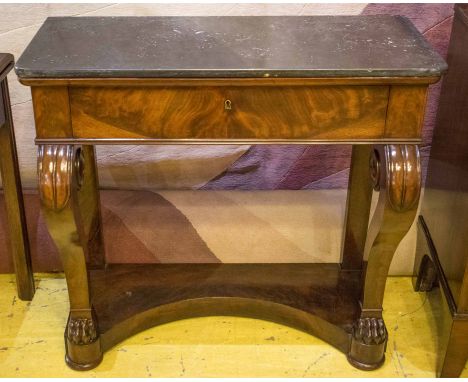 CONSOLE TABLE, 19th century, French, Louis Philippe flame mahogany with marble top above a full width frieze drawer, scroll s