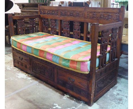 BOUDOIR BENCH, South East Asian hardwood with buttoned cushion, 200cm W.