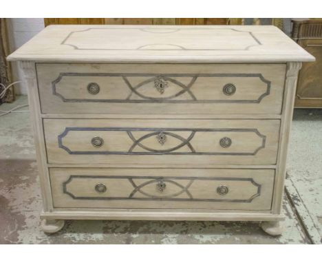 COMMODE, 19th century Gustavian style traditionally grey painted with three long drawers, 95cm H x 127cm x 62cm.