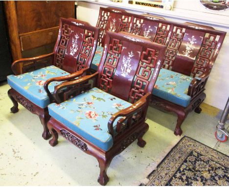 CHINESE ARMCHAIRS, a pair, rosewood and mother of pearl foliate decorated, (matching the previous lot), 68cm W x 99cm H. (2) 