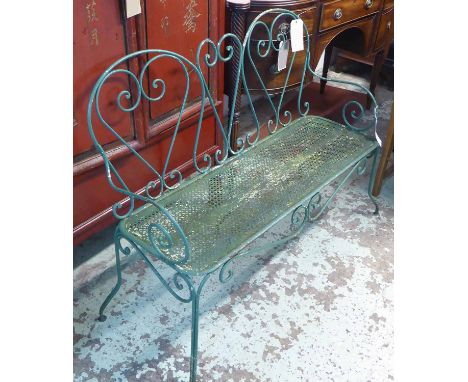 GARDEN BENCH, green painted metal of distressed form, 120cm L x 94cm H. (with faults)