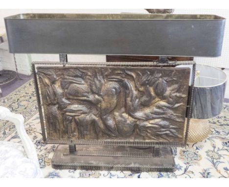 LAMP, Art Deco steel and repoussé metal in Edgar Brandt style with patinated brass shade, 104cm H x 121cm x 27cm.