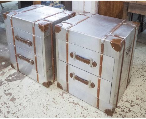 SIDE CHESTS, a pair, aluminium vintage style aviator inspired design with two drawers, 50cm x 42cm x 61cm. (2)