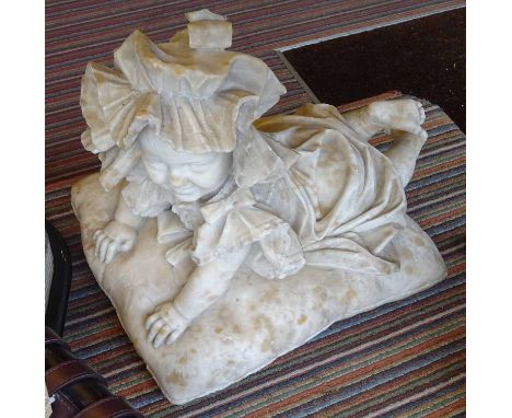 EMILIO FIASCHI (Italian 1858-1941) 'Baby crawling on a cushion wearing a bonnet', white marble sculpture, 40cm x 47cm x 55cm.