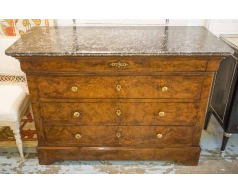 COMMODE, 19th century French Louis Philippe burr walnut and gilt metal mounted having four long drawers, 132cm x 58cm x 90cm 