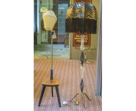 STANDING LAMP, mid 20th century, brass, sapele and ebonised with pleated shade15cm H  and another black metal, brass and glas