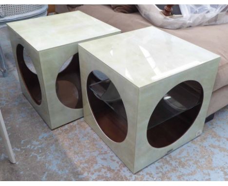 SIDE TABLES, a pair, cubes in shagreen finish under glass with glass shelf below, 46cm x 46cm x 46cm H. (2)