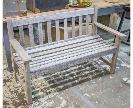 GARDEN BENCH, silvery weathered teak of slatted construction, 124cm W.