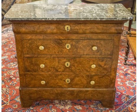 HALL COMMODE, 19th century French Louis Philippe burr walnut and gilt metal mounted of shallow proportions with four long dra