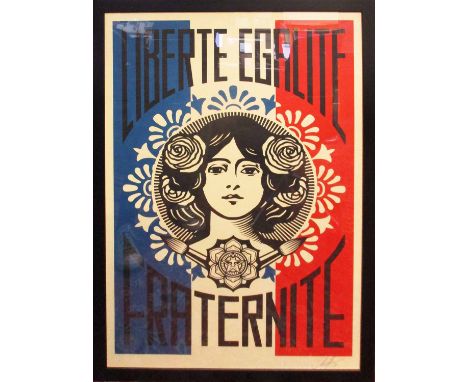 SHEPARD FAIREY (American) 'Liberté Egalité Fraternité', signed print on cream speckle tone paper, created for the 2015 terror