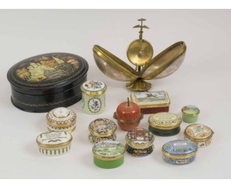 HALCYON DAYS ENAMEL BOXES, twelve various, a Palais Royale watch stand, and a Russian painted box. (with faults) (14)