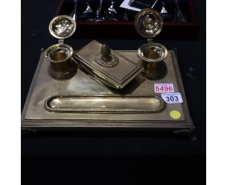 Brass gentlemans writing inkwell set, 34 x 24 x 11 cm. UK P&amp;P Group 3 (£30+VAT for the first lot and £8+VAT for subsequen