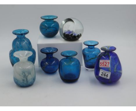 Seven Mdina glass vases and a Caithness limited edition Viking paperweight (8). UK P&amp;P Group 3 (£30+VAT for the first lot