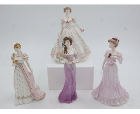 Three Coalport ceramic figurines and a Royal Worcester figure 'Sweetest Valentine', no cracks or chips. UK P&amp;P Group 3 (£