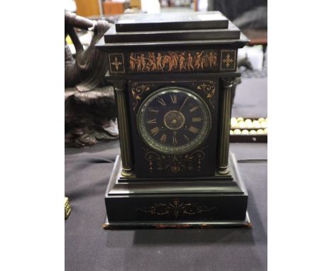 19th Century French slate cased mantel clock, brass barrel movement chiming on a gong, retailer W &amp; M Dodge Manchester, w