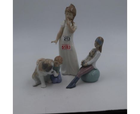 Group of three Nao figurines, girl with puppy, boy with dog and girl yawning, largest H: 29 cm. UK P&amp;P Group 3 (£30+VAT f