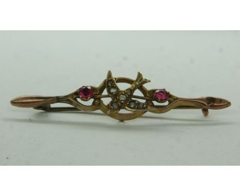 Unmarked 9ct gold sweetheart brooch, set with pearls and semi-precious stones, one pearl missing, L: 40 mm, 1.5g. UK P&amp;P 