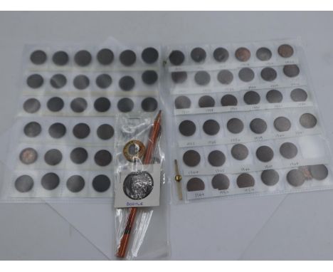 Seventy two UK farthings, including early examples with Bootle St Marys School medallion and Robertsons pencil and badge set.