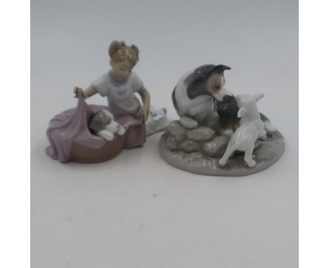 Two Nao figurines, including a girl with puppy and a dog with lamb, no cracks or chips. UK P&amp;P Group 2 (£20+VAT for the f