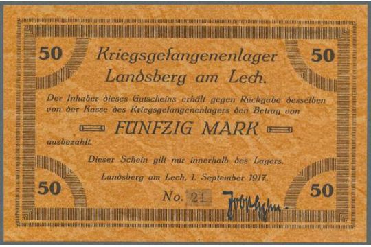 Landsberg Am Lech Kriegsgefangenenlager 50 Mark 1 9 1917 Marmoriertes Papier Rs Stempel Ka