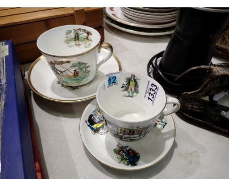 Two oversized Hammersley cups and saucers, one with coaching scene (4), no cracks or chips, light wear to gilt. P&amp;P Group