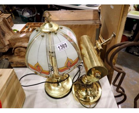 Brass table lamp with glass shade and another. All electrical items in this lot have been PAT tested for safety and have pass