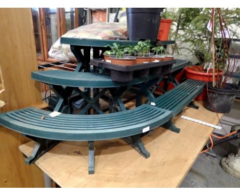 Three plastic garden corner step design plant display stands. Not available for in-house P&amp;P 