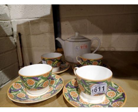 Minton teapot and four cups and saucers in the Orange Slices pattern no.126. Not available for in-house P&amp;P 