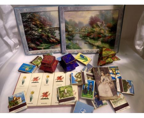 Mixed vintage matchboxes and two Thomas Kinkade ceramic plaques. UK P&amp;P Group 1 (£16+VAT for the first lot and £2+VAT for