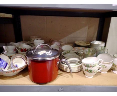 Shelf of mixed ceramics including teacups. Not available for in-house P&amp;P 