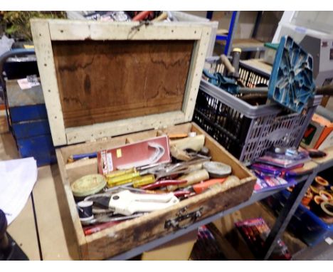 Wooden chest containing mixed vintage hand tools. Not available for in-house P&amp;P 