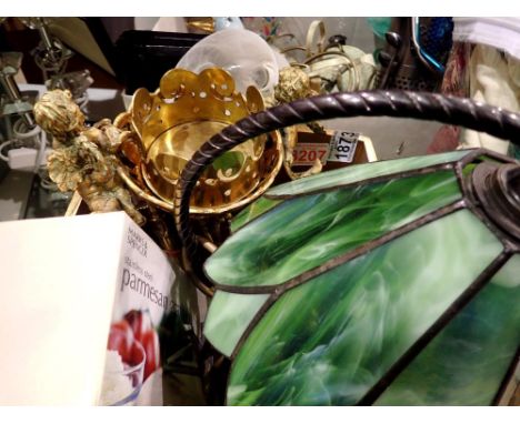 Pair of brass candlesticks and a lamp with Tiffany style shade etc. All electrical items in this lot have been PAT tested for