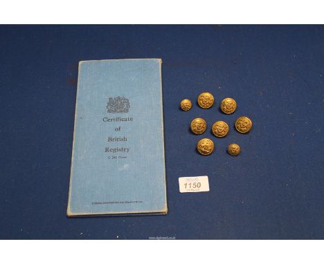 Eight military buttons for The Royal Yacht Squadron, makers J.R Gaunt & Son Ltd plus a registry certificate for 'The Matissue