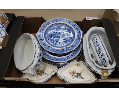 A quantity of china including three Royal Worcester tureens with Elephant mask handles, (no lids), Willow pattern food warmer