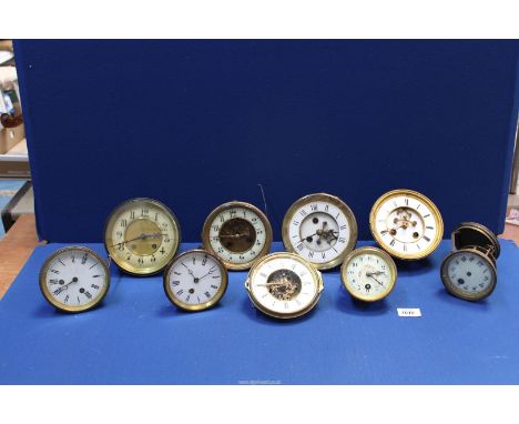 Nine quality brass French clock movements including makers Eugene Farcot, Japy & Co. 1878, Goetmaeker, Fcant, A Paris. 