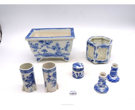 A quantity of oriental china including Bonsai planter, miniature candlesticks and brush pots, trinket pot and small hexagonal